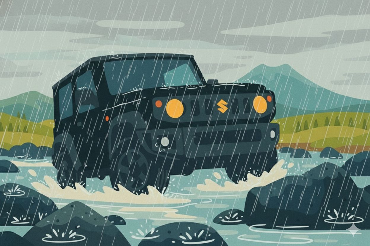 黒ののジムニーノマドが山の川を走破